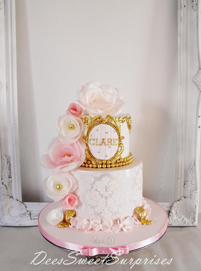 Ladies damask and wafer flower birthday cake - Decorated - CakesDecor