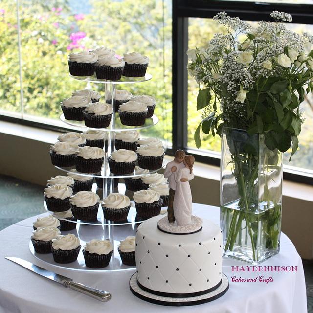 Black and White wedding cake and cupcakes