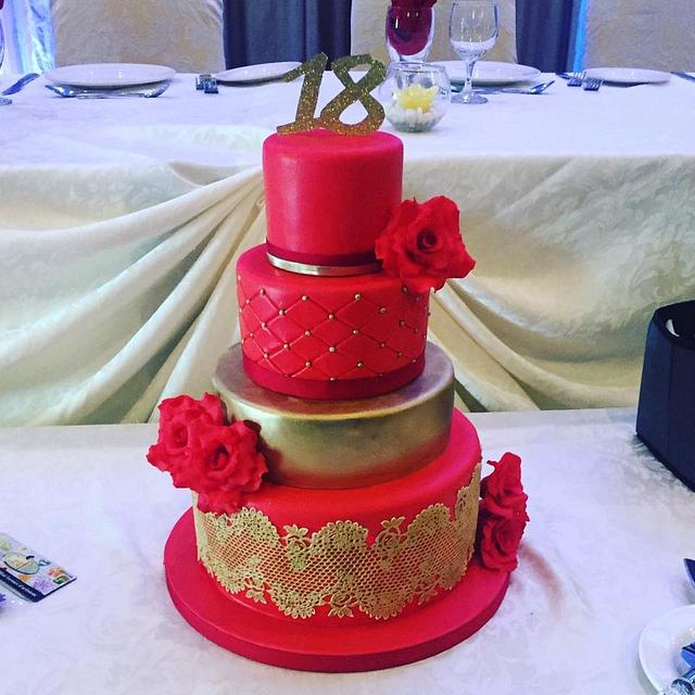 red & gold birthday cake.