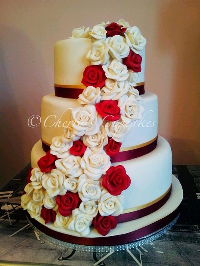 Burgundy & White Rose Cascade Wedding Cake - Decorated - CakesDecor