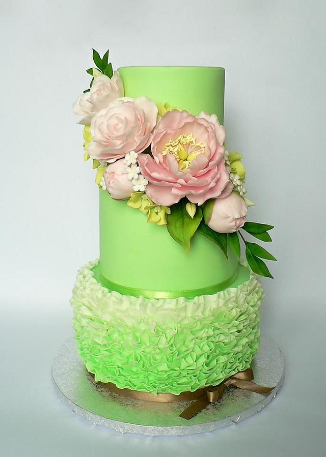 Pink Peony &amp;green cake Cake by Martina Matyášová