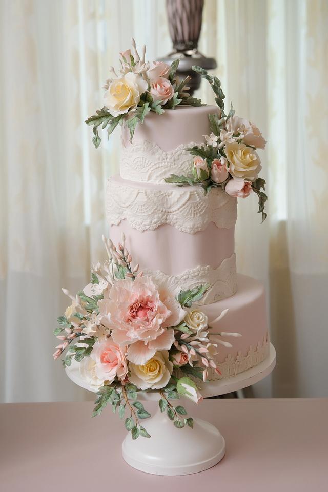Blush Sugar Flower Wedding Cake and Dessert Tablescape