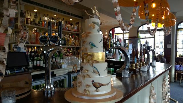 Golden Birds Painted Wedding Cake