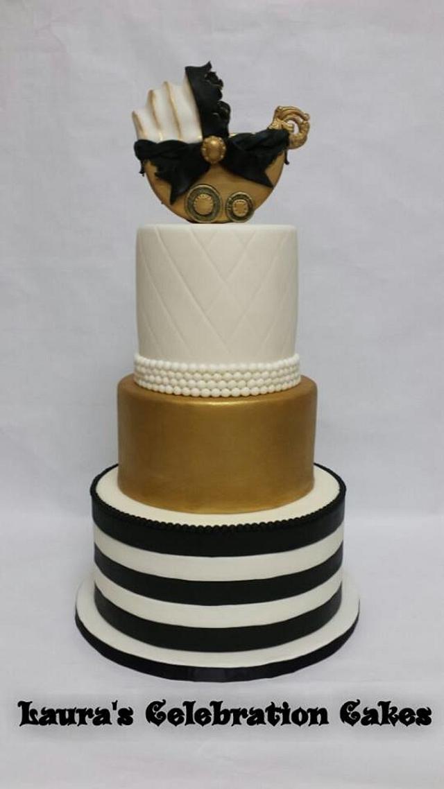 Gold, Black and White Baby Shower Cake with Baby Carriage