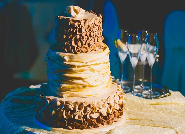 Brown and beige ruffle wedding cake