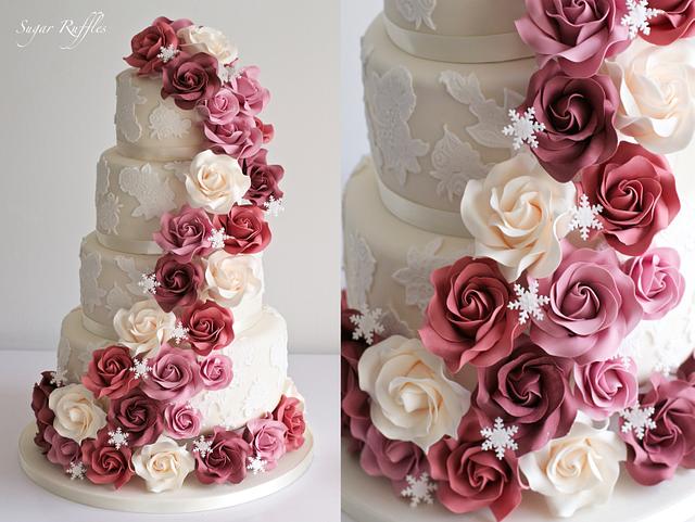 Cascading Roses & Snowflakes - Decorated Cake by Sugar - CakesDecor