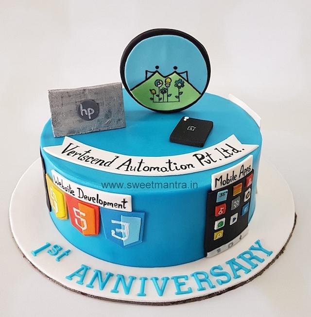 Customized fondant cake for startup companys 1st - CakesDecor