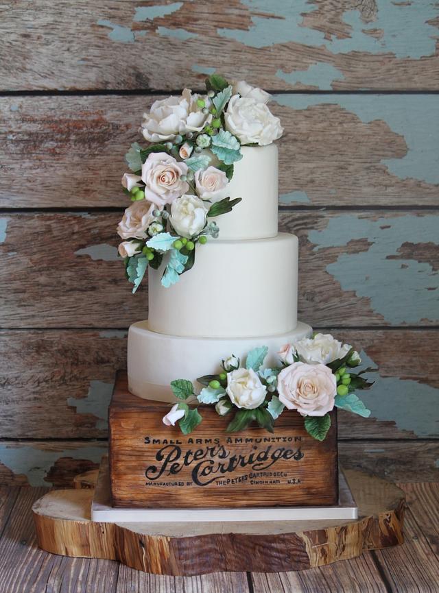 White Peonies and Roses Rustic Wedding Cake