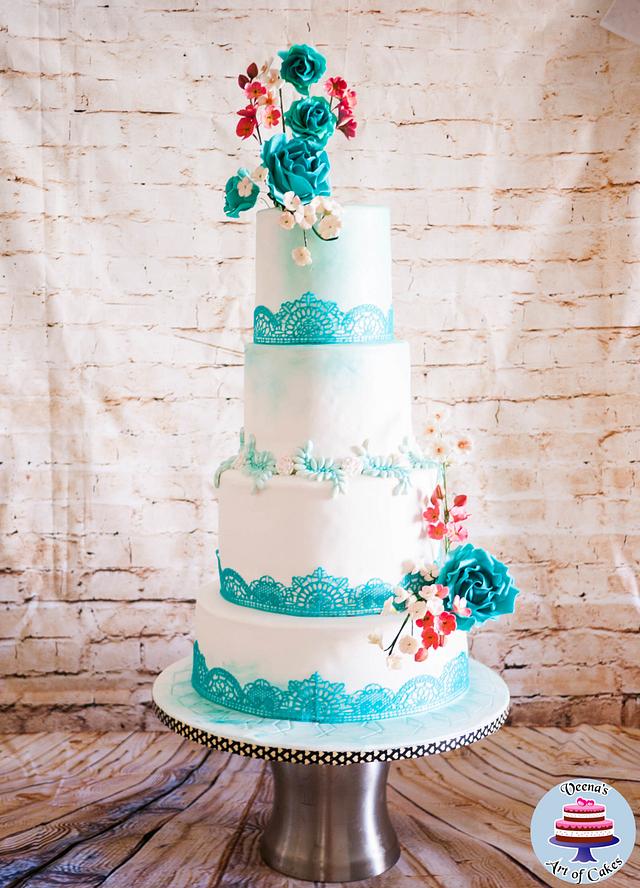 Turquoise Lace Wedding Cake 