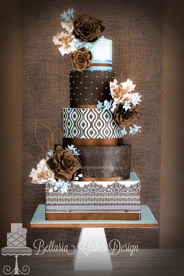 Blue and brown wedding cake