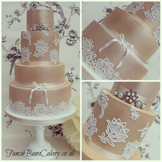 Rose Gold Lace Pearls Wedding Cake Cake By Fancie Cakesdecor