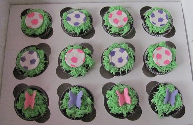 Soccer cake with cupcakes
