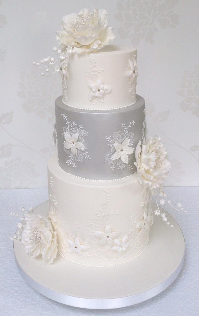 Silver and white wedding Cake - Decorated Cake by - CakesDecor