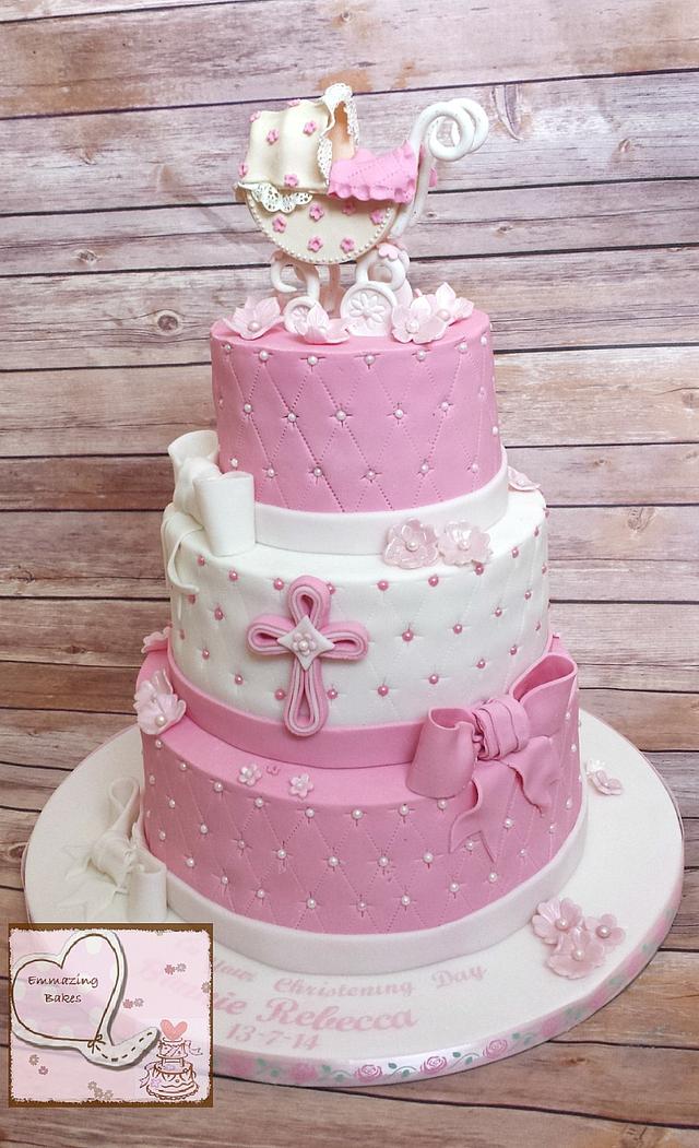 Christening Cake With Pram Topper - Decorated Cake By - Cakesdecor