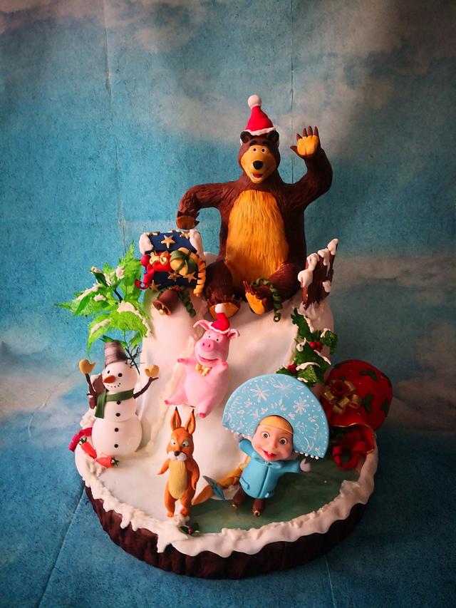 Merry Christmas Masha and Friends Decorated Cake by CakesDecor