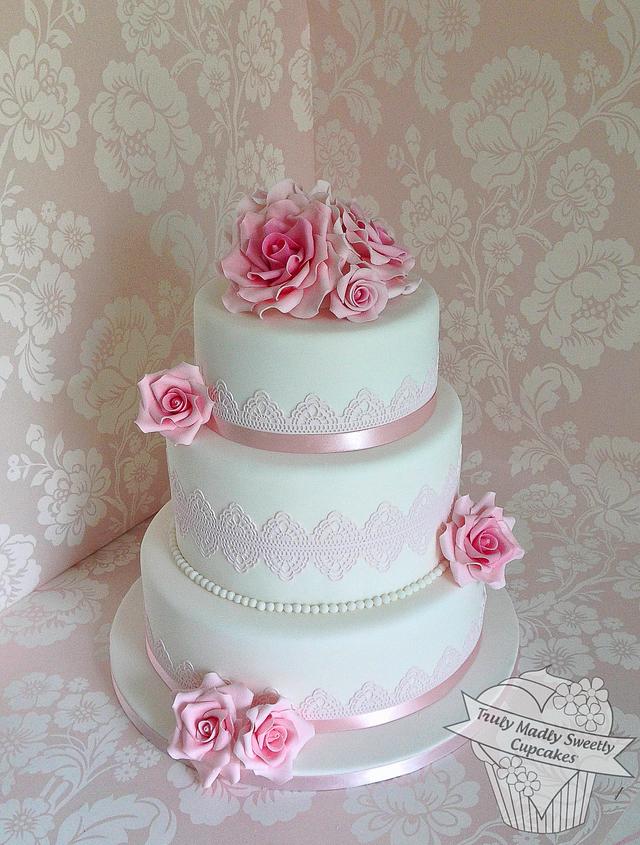 Roses and Lace Wedding Cake - Decorated Cake by Truly - CakesDecor