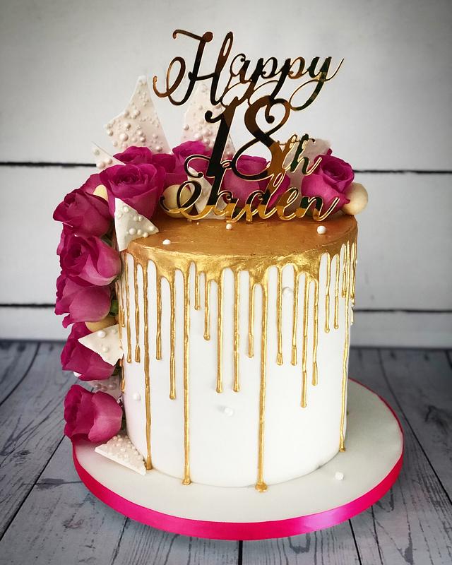 Gold, white and pink drip cake