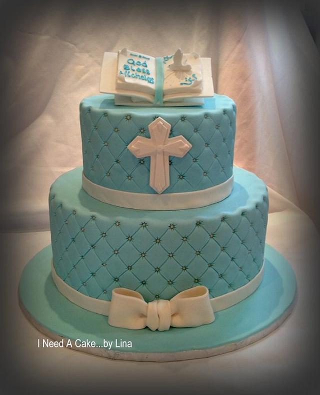 Blue quilt baptism cake - Decorated Cake by Lina Gikas - CakesDecor