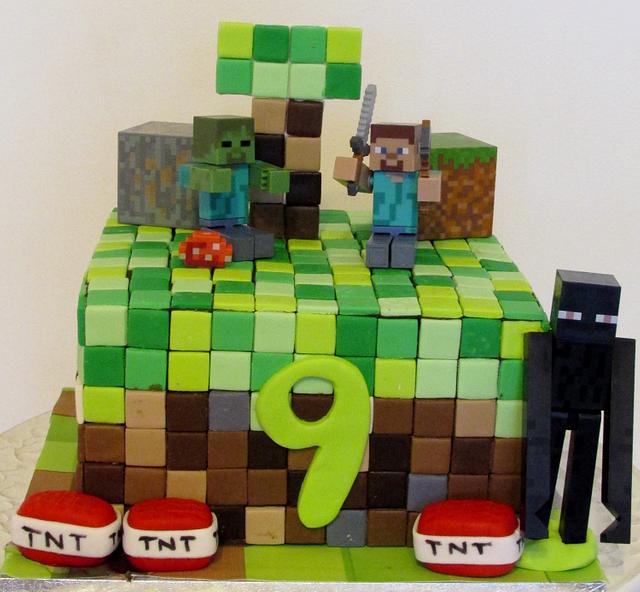 A Minecraft cake! I cheated and used figures for the top… I find kids love  to get a toy with their cake! : r/cakedecorating