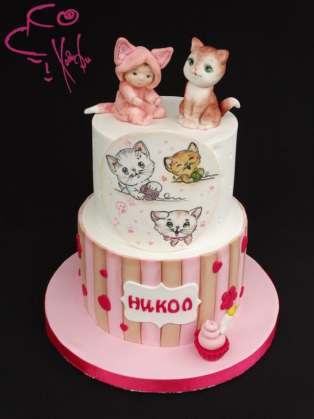 Sweet cat and baby girl - Decorated Cake by Diana - CakesDecor