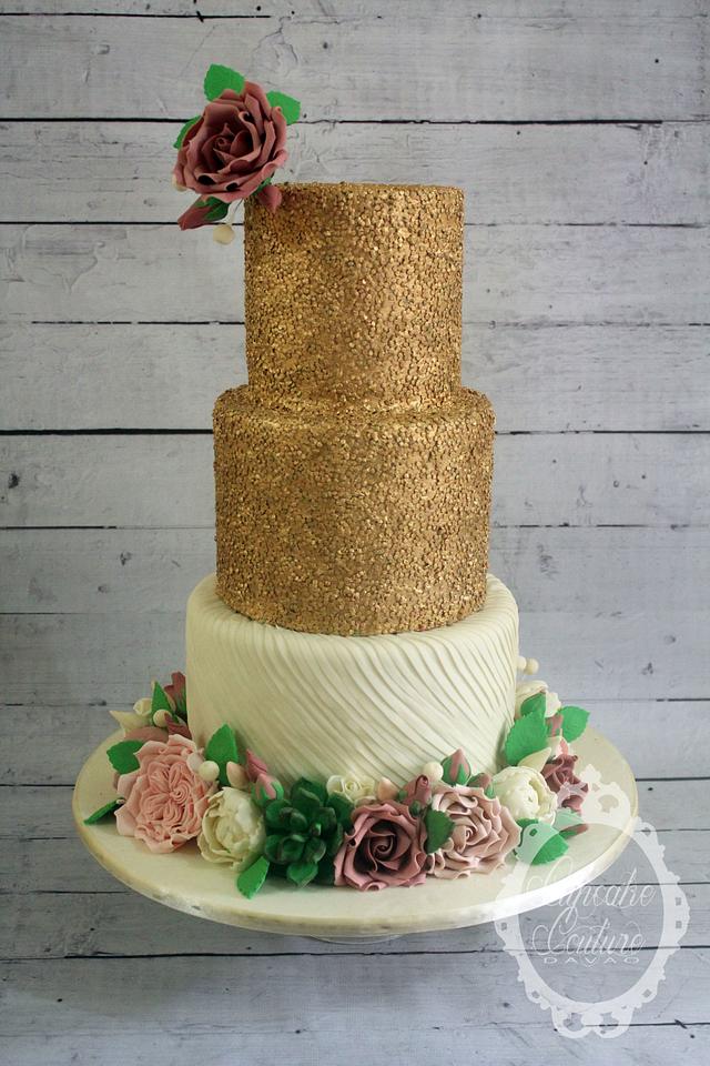 Gold Sequins and Pleats Wedding Cake - Decorated Cake by - CakesDecor