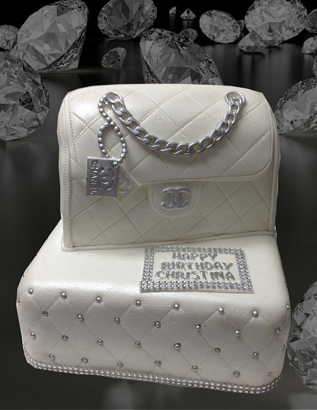 Chanel handbag themed birthday cake with fondant accessories