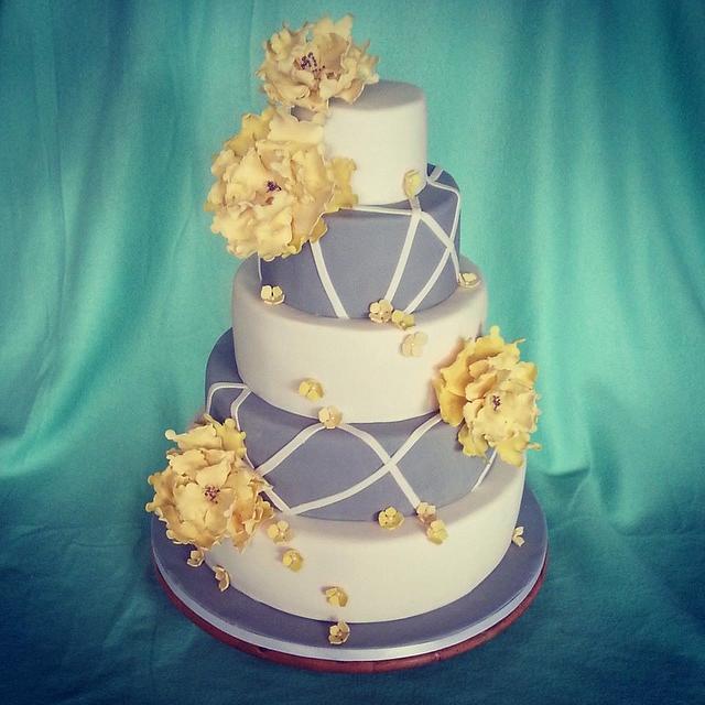 grey, white and yellow wedding cake - Decorated Cake by - CakesDecor