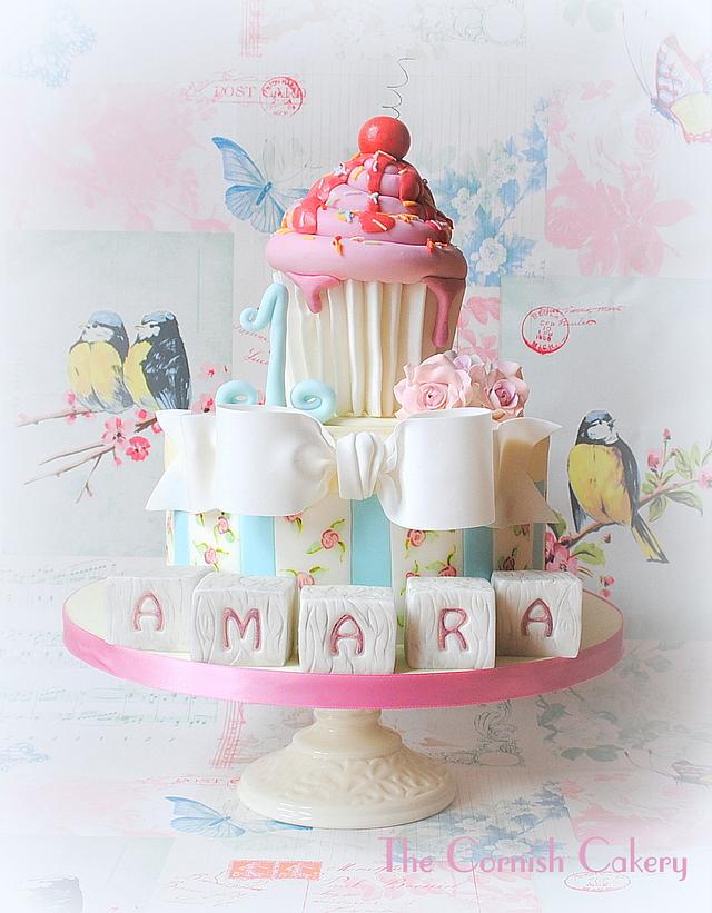 Cupcake, Roses and Bow Cake by The Cornish Cakery Cupcake, Roses and Bow Cake by The Cornish Cakery