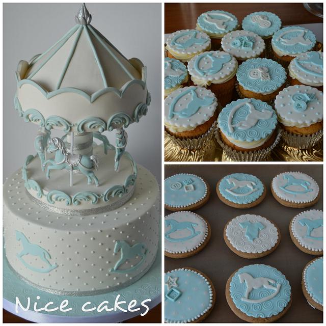 Blue and white carousel cake