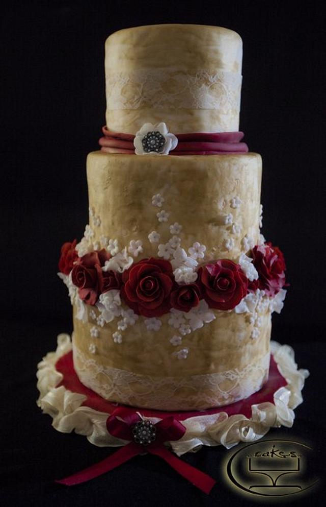 Gold and Maroon wedding cake