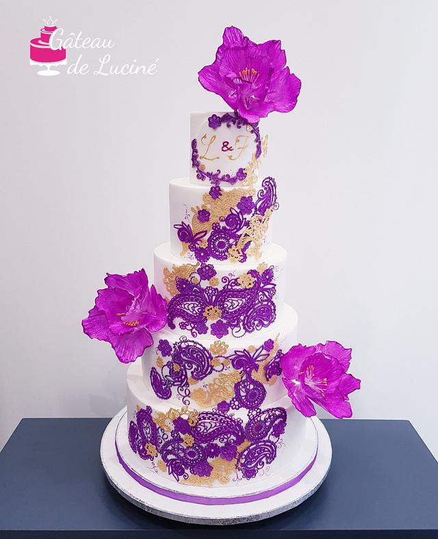 Purple And Gold Lace Wedding Cake Cake By Gateau De Cakesdecor