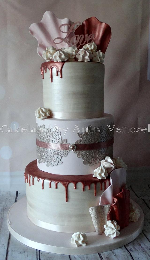 Rose Gold Wedding Cake With Lace And Ruffles Decorated Cakesdecor