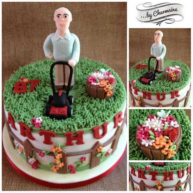 Man mowing lawn - Decorated Cake by Charmaine - CakesDecor