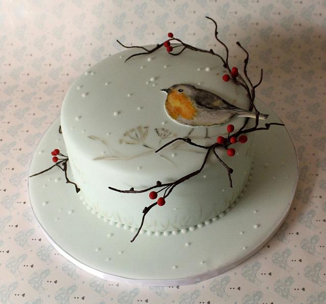 Hand painted Robin Christmas Cake  Decorated Cake by  CakesDecor