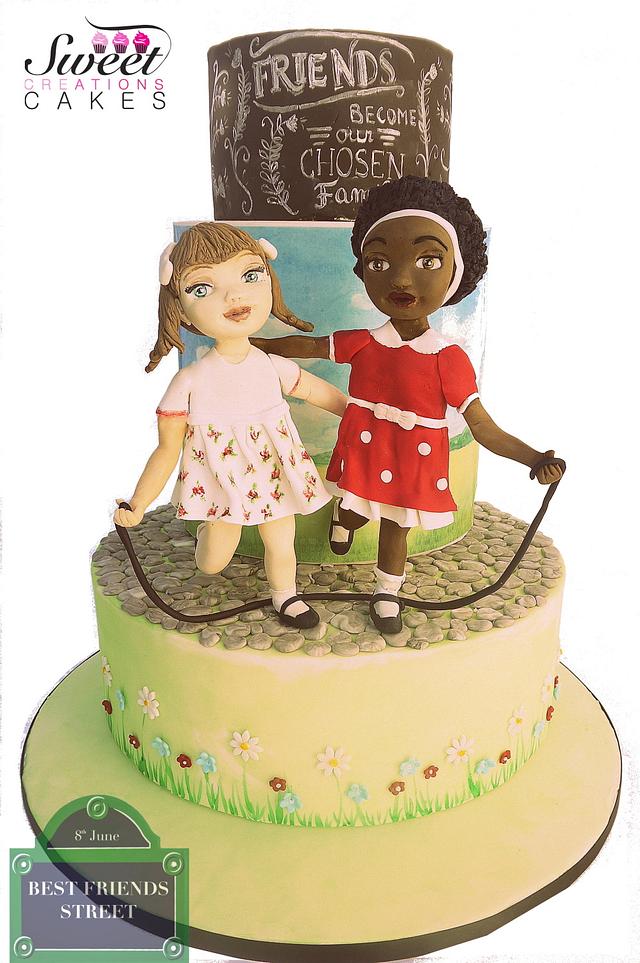 Best friend's day collaboration : little girls jumping rope in a vintage scene
