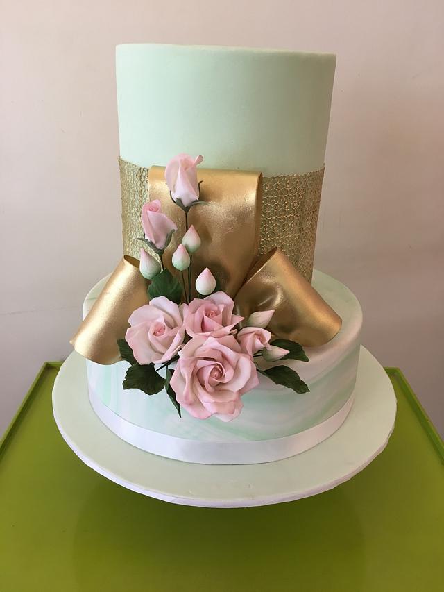 Mint and pink wedding cake