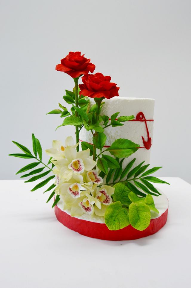 Red Roses and Orchid cake - Decorated Cake by Catalina - CakesDecor