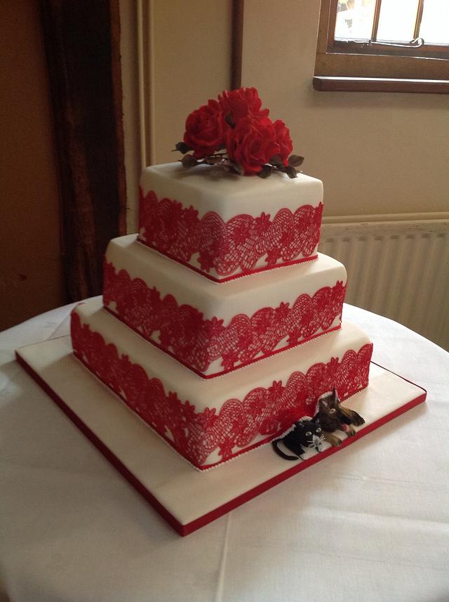 Red and white lace wedding cake Cake by Iced Images