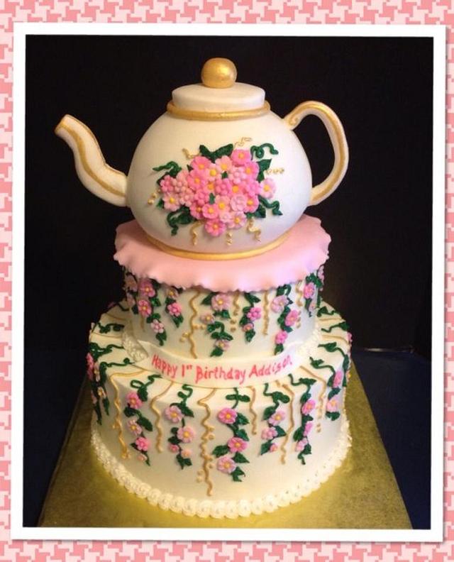 Tea Party 1st Birthday Cake - Decorated Cake by Tracy's - CakesDecor