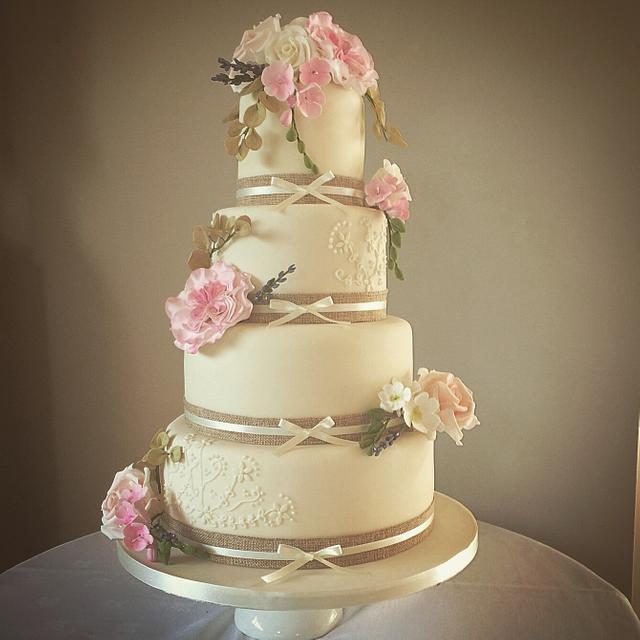 Garden Rose and Lavender Wedding Cake - Decorated Cake by - CakesDecor