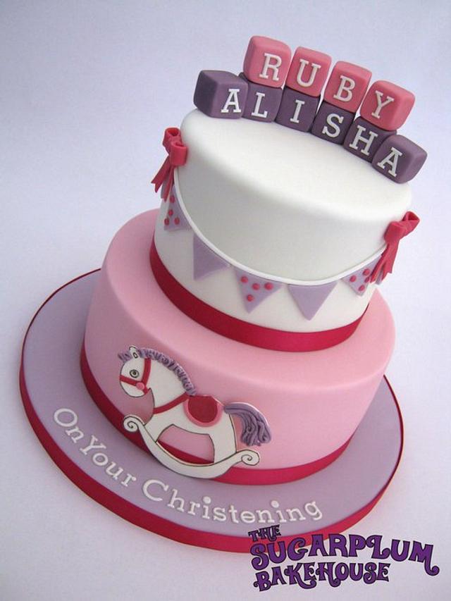 Pink & Lilac Rocking Horse Joint Christening Cake CakesDecor