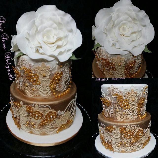 Gold on White Elegant Wedding cake - Cake by Sue's Sweet - CakesDecor