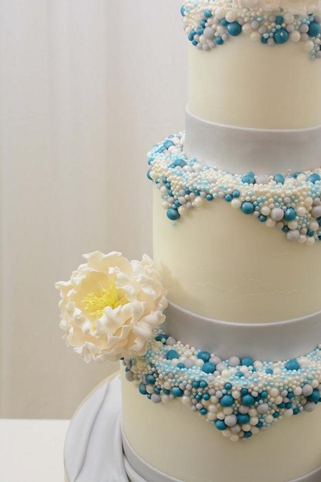 Wedding Cake with Beads and Sugar Peonies - Cake by - CakesDecor