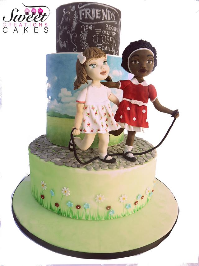 Best friend's day collaboration : little girls jumping rope in a vintage scene