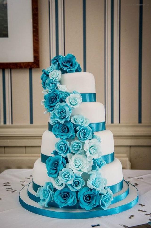 Turquoise Rose Cascade Wedding Cake - Cake by Carrie - CakesDecor