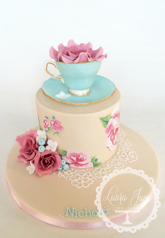 Handpainted Vintage Teacup Cake - Decorated Cake by Laura - CakesDecor