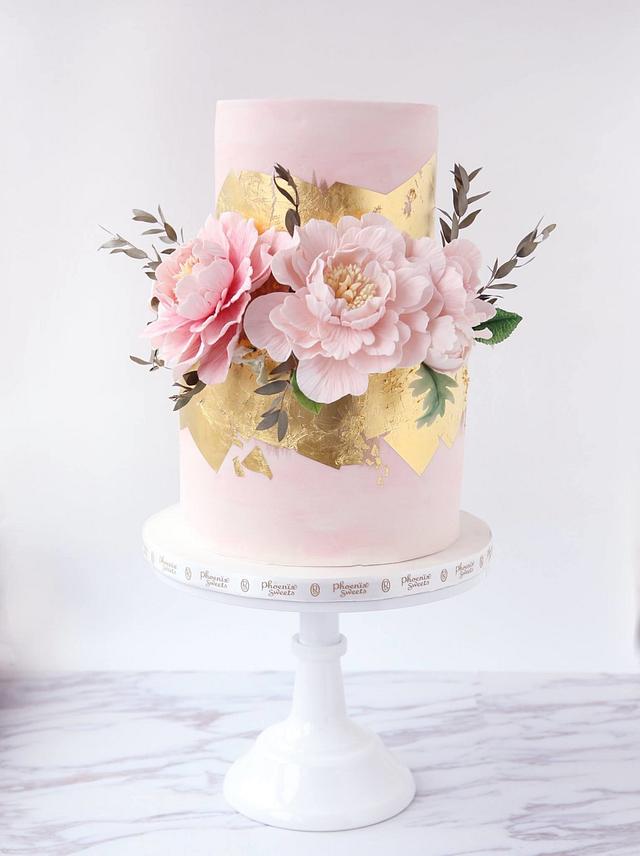 Sugar Peony Wedding Cake with a dash of gold