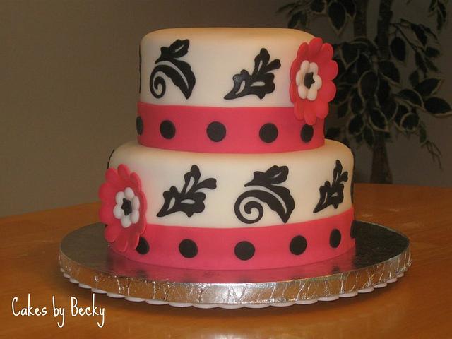 Pink and Black Scrolled Shower Cake