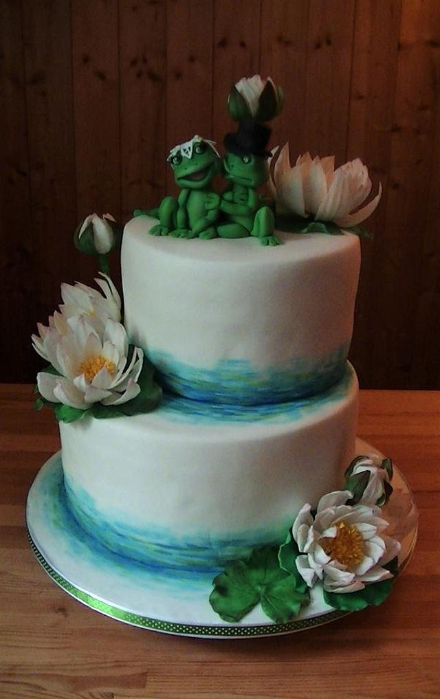 Wedding cake with frogs and water lilies - Decorated Cake - CakesDecor