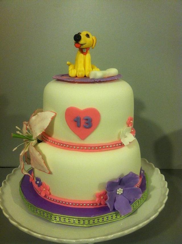 Girl's dog and flowers for 13th birthday - Cake by Karen - CakesDecor